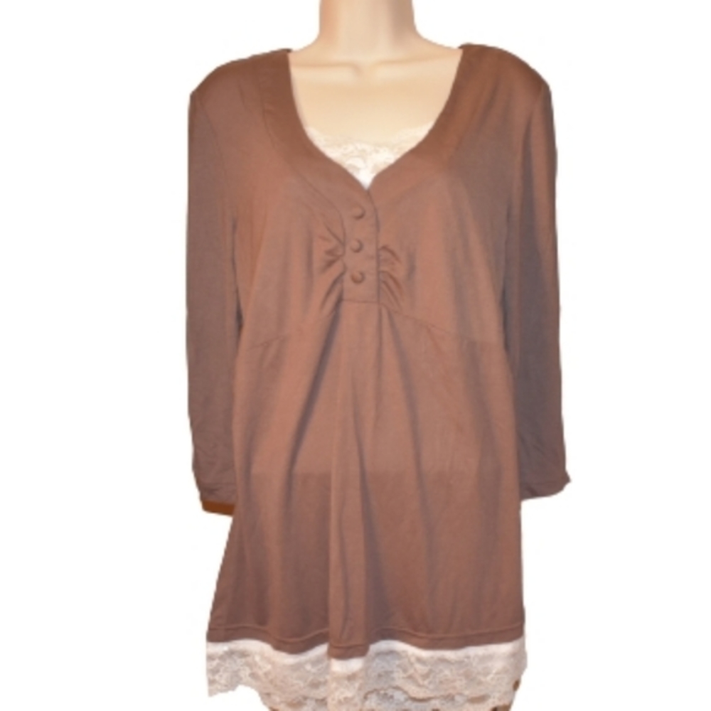 Copper Key 3/4 Sleeve Faux Layer Blouse Brown XL
